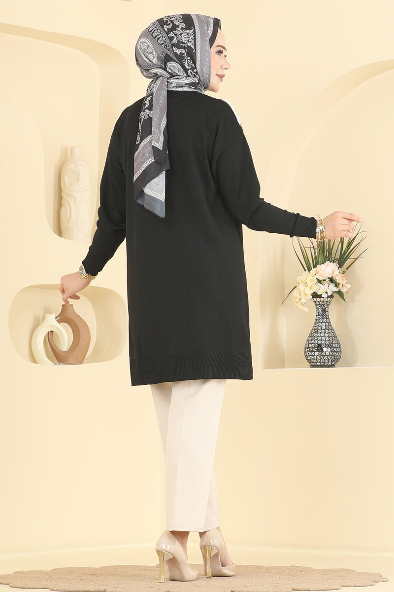 Mercerised Tunic with Stripe Detail - Black