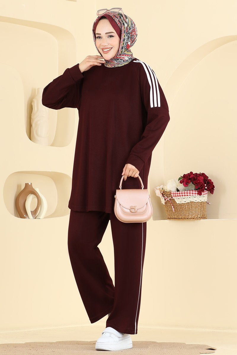 Modal Two-Piece Set with Stripe Detail - Burgundy