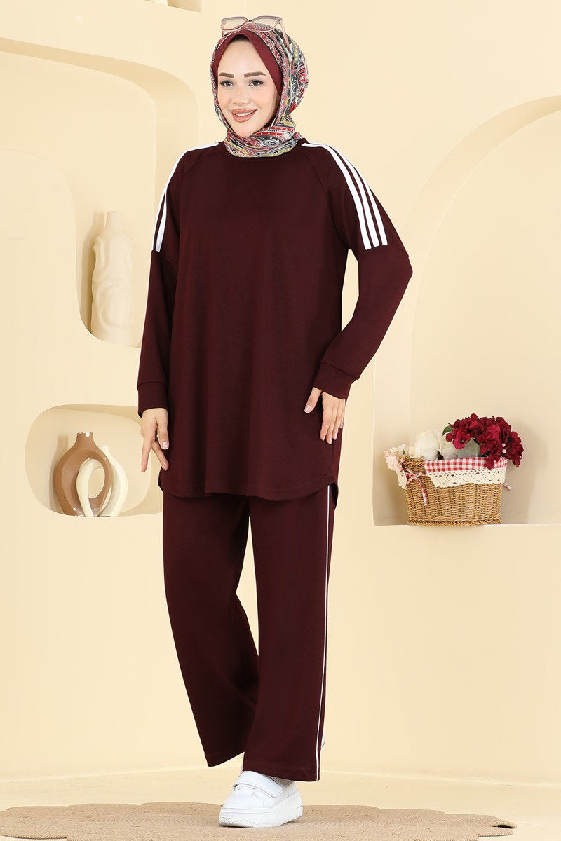 Modal Two-Piece Set with Stripe Detail - Burgundy
