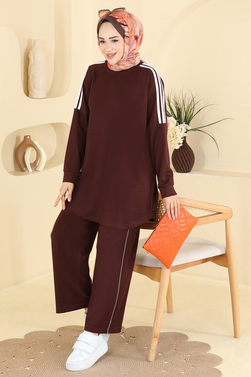 Modal Two-Piece Set with Stripe Detail - Brown
