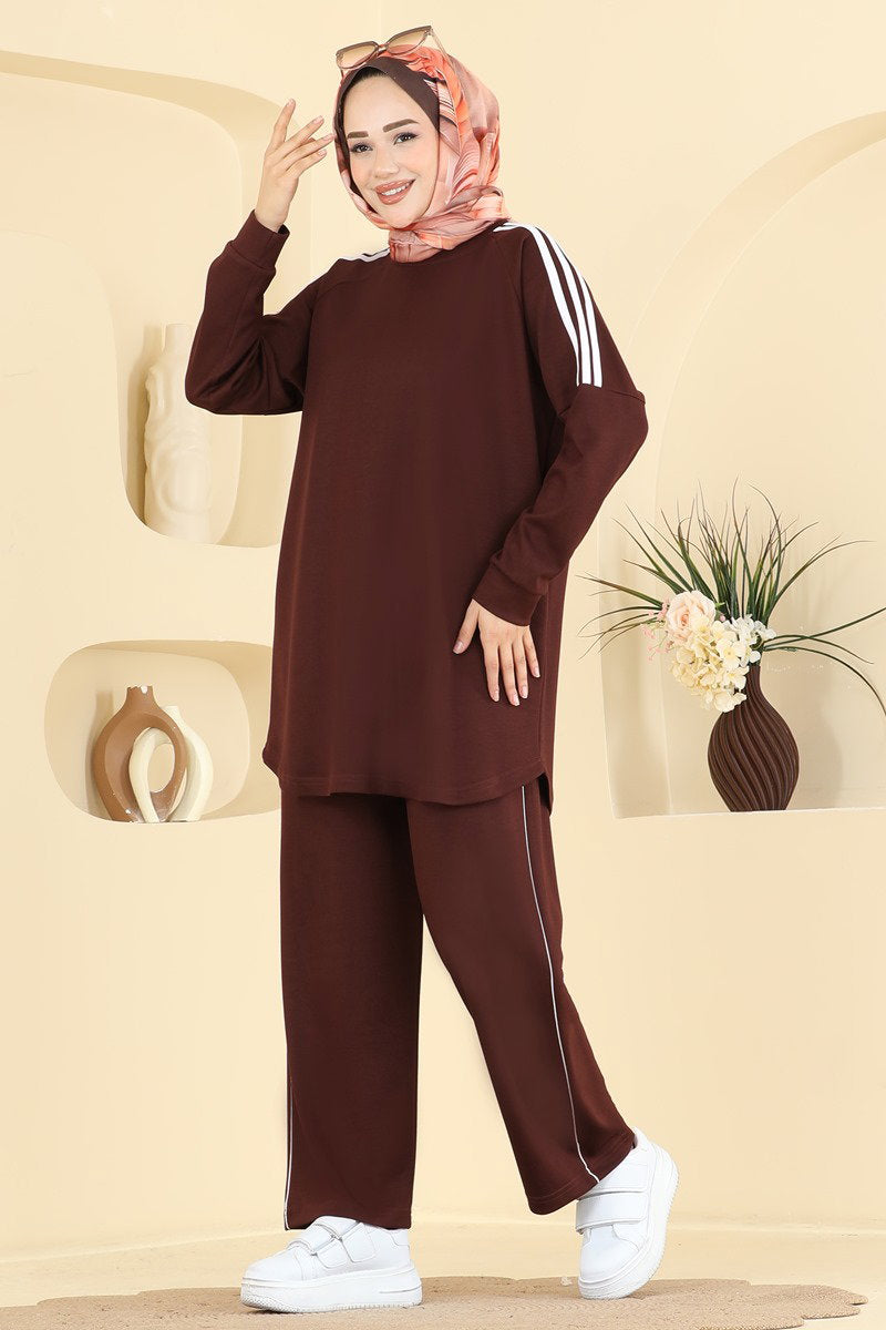Modal Two-Piece Set with Stripe Detail - Brown