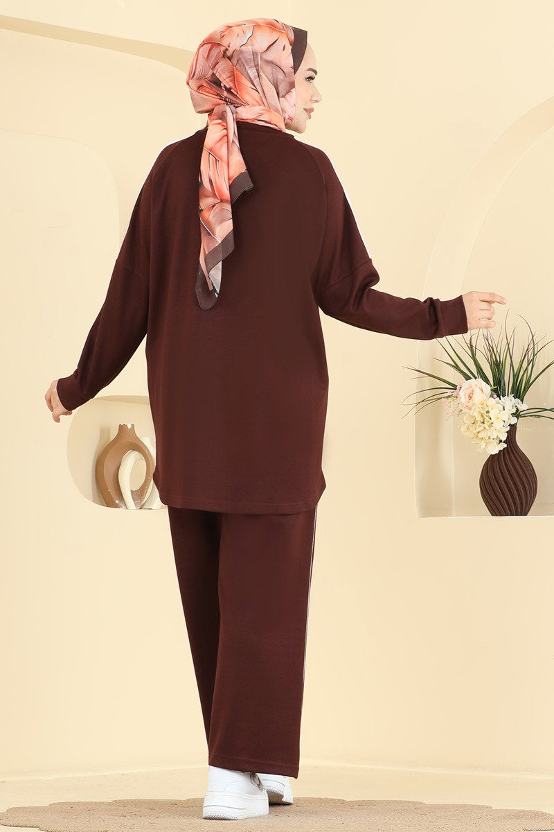 Modal Two-Piece Set with Stripe Detail - Brown