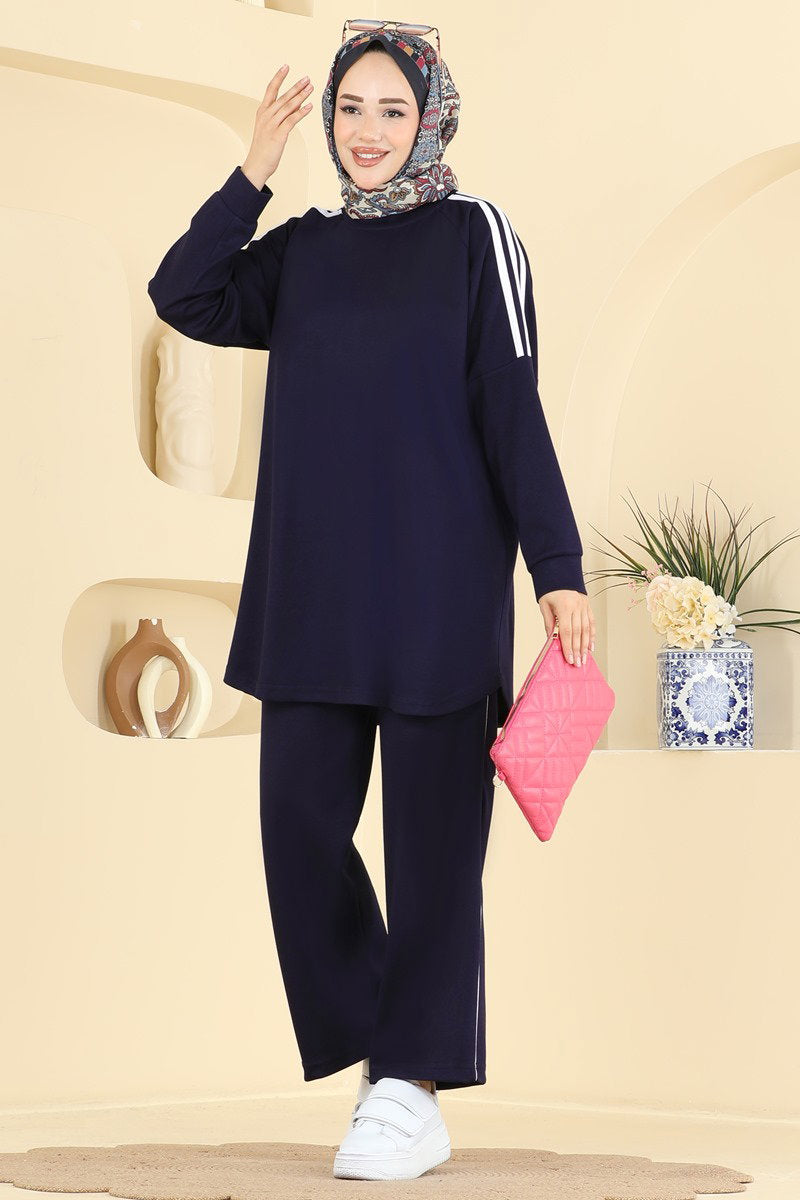 Modal Two-Piece Set with Stripe Detail - Navy