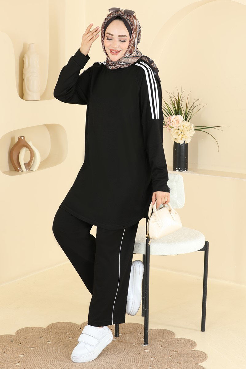 Modal Two-Piece Set with Stripe Detail - Black