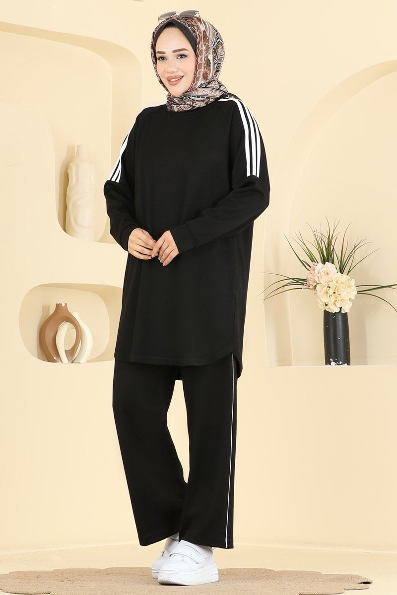 Modal Two-Piece Set with Stripe Detail - Black