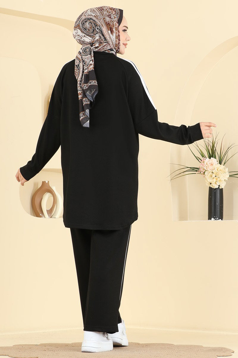 Modal Two-Piece Set with Stripe Detail - Black