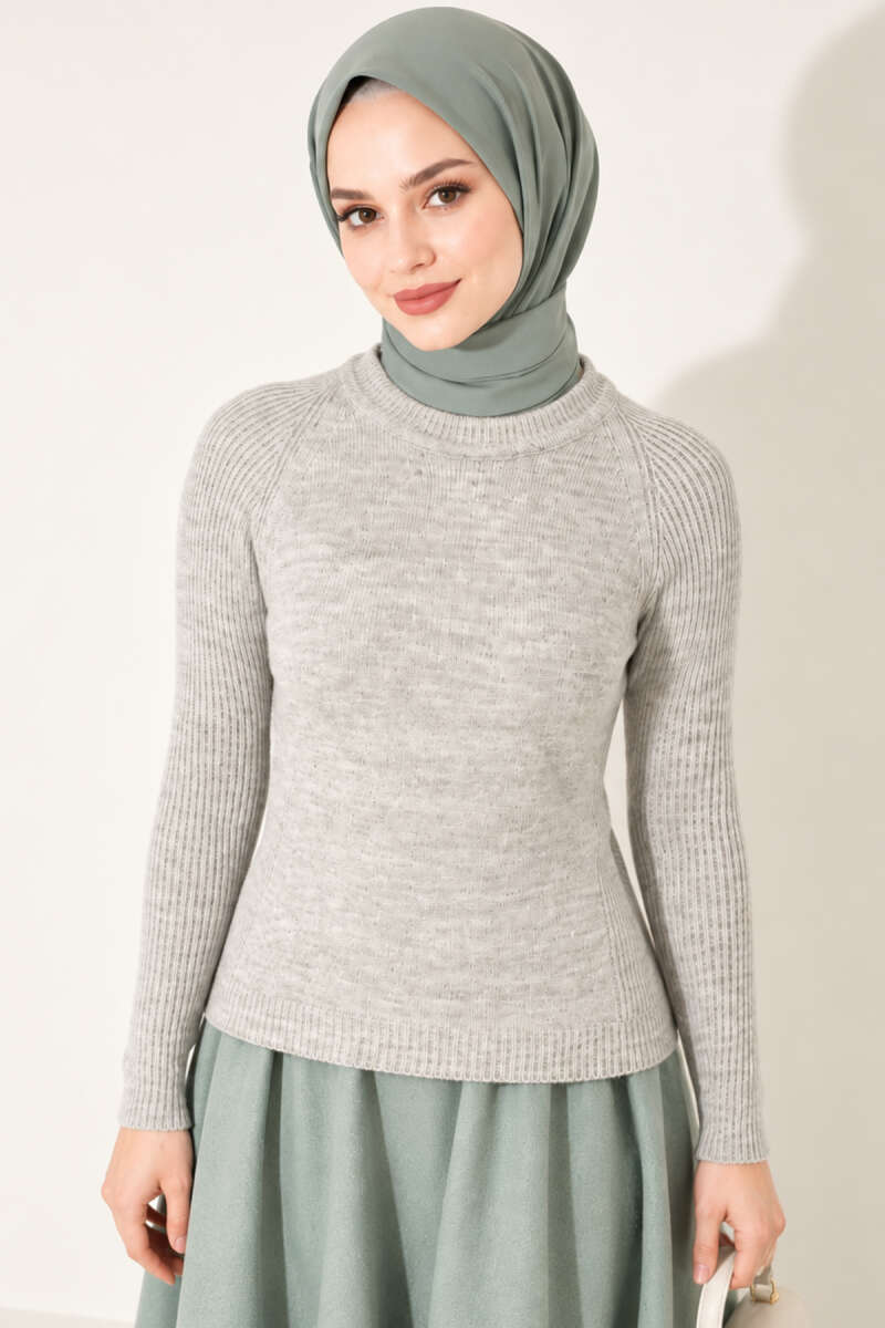 Striped-Detail Knit Sweater - Grey