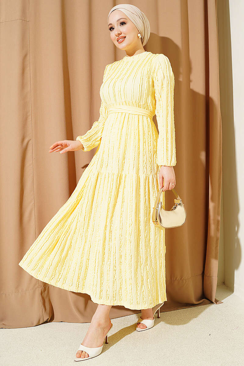 Belted Dress with Ruffle Trim - Yellow