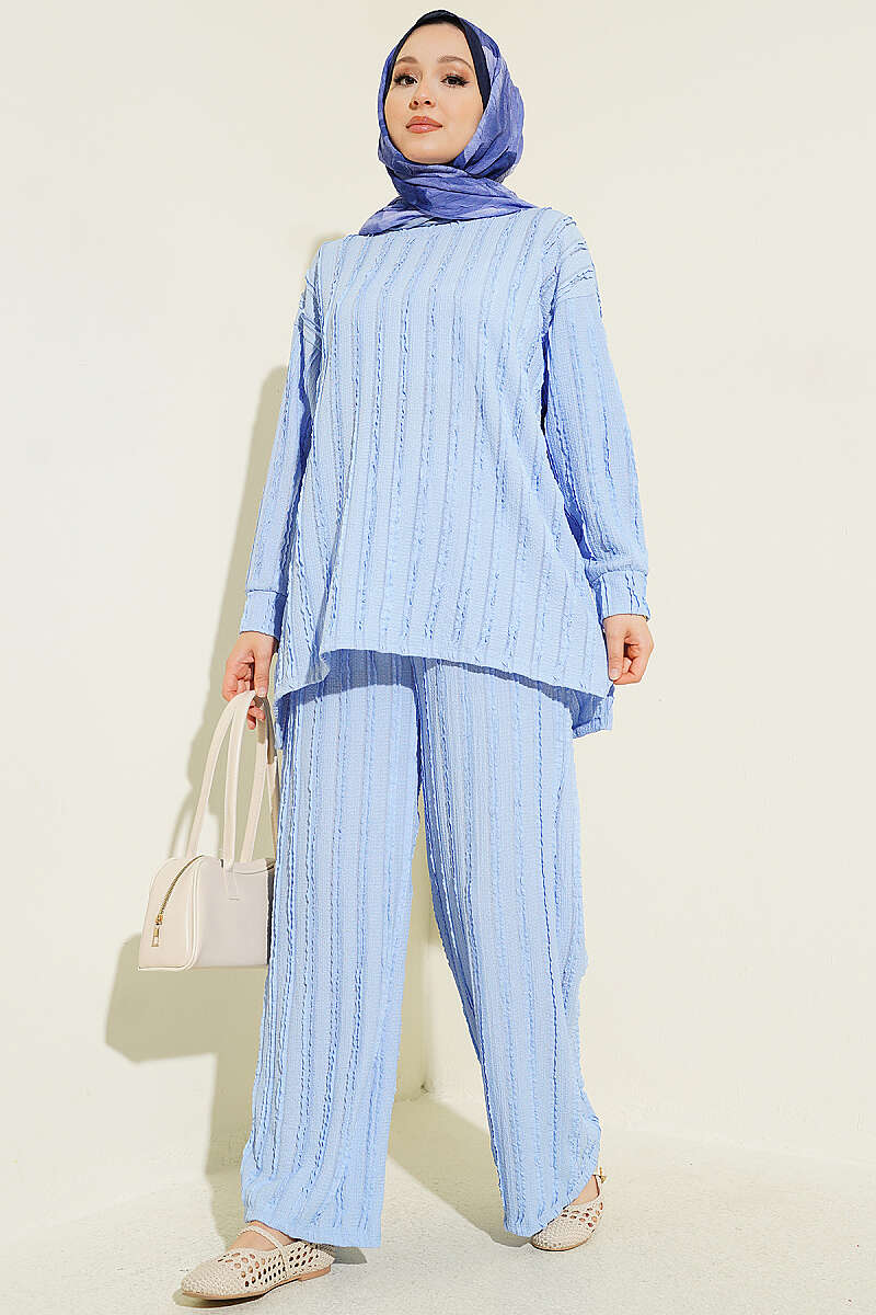 Tunic Two-Piece Set with Ruffle Trim - Light Blue