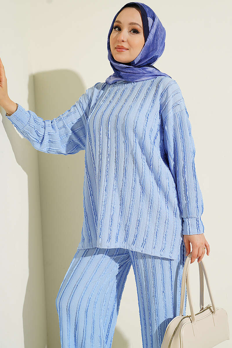 Tunic Two-Piece Set with Ruffle Trim - Light Blue