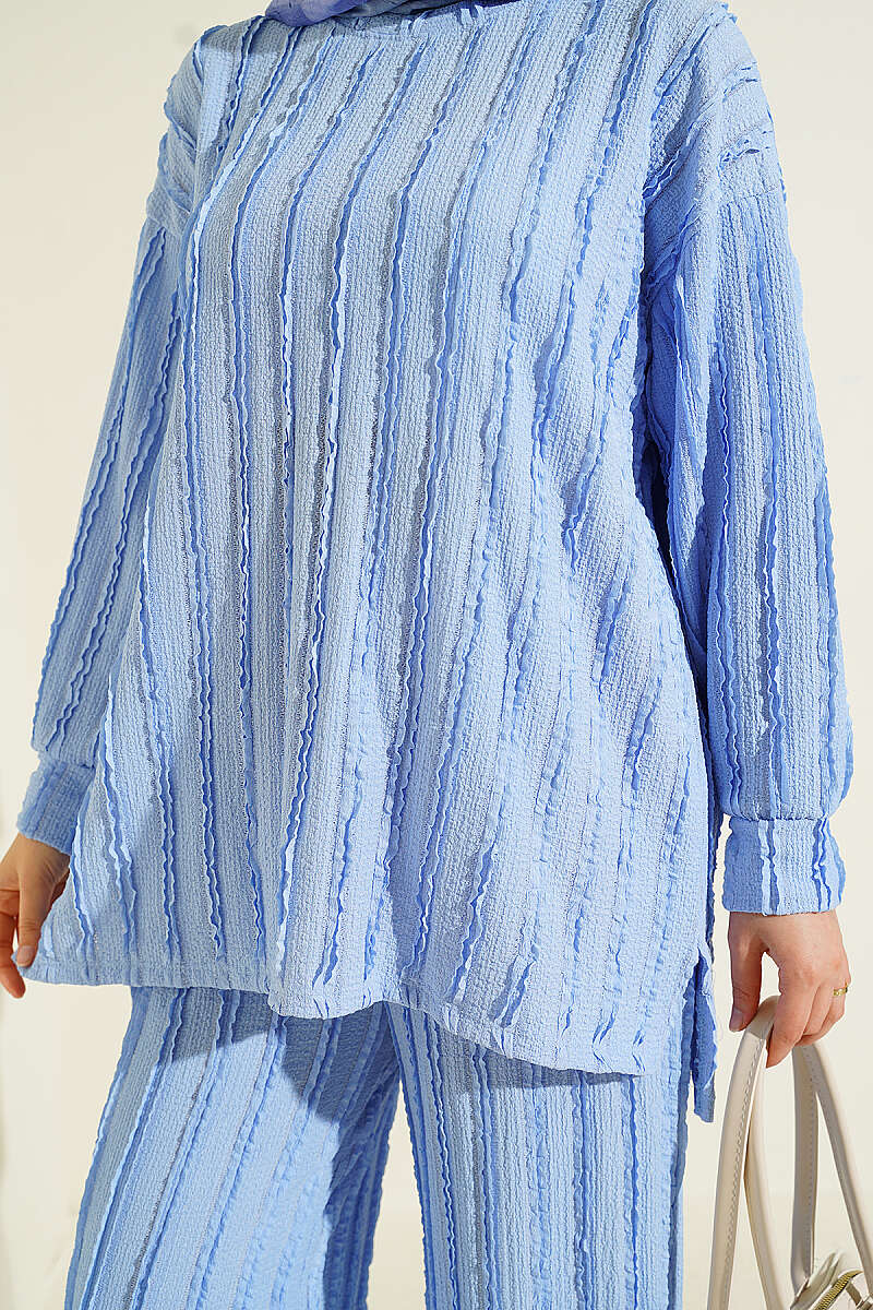 Tunic Two-Piece Set with Ruffle Trim - Light Blue