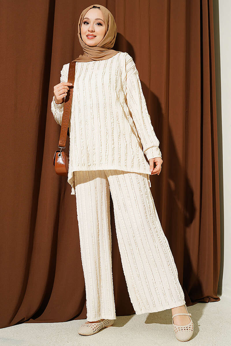 Tunic Two-Piece Set with Ruffle Trim - Beige