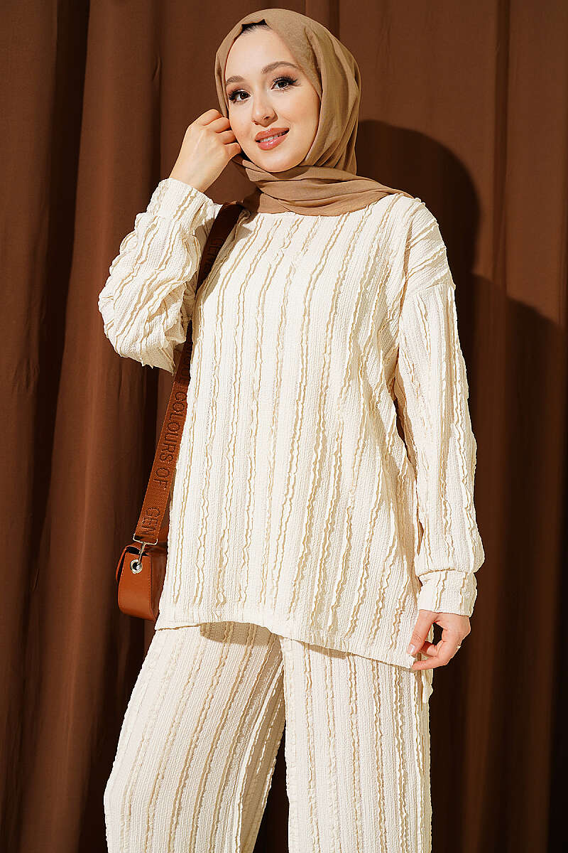 Tunic Two-Piece Set with Ruffle Trim - Beige