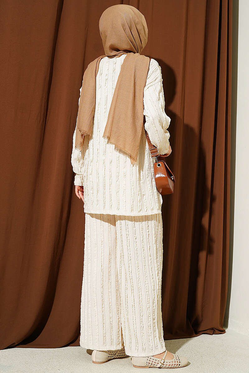 Tunic Two-Piece Set with Ruffle Trim - Beige