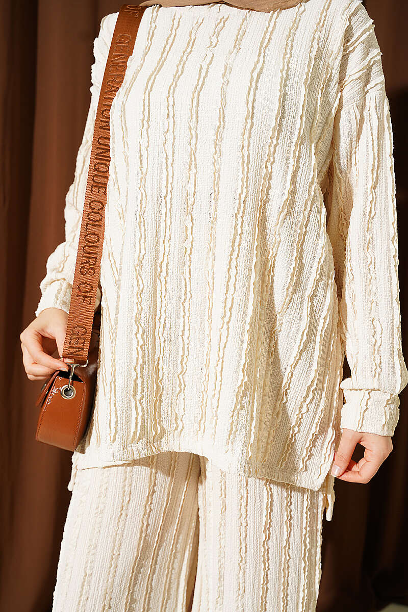 Tunic Two-Piece Set with Ruffle Trim - Beige
