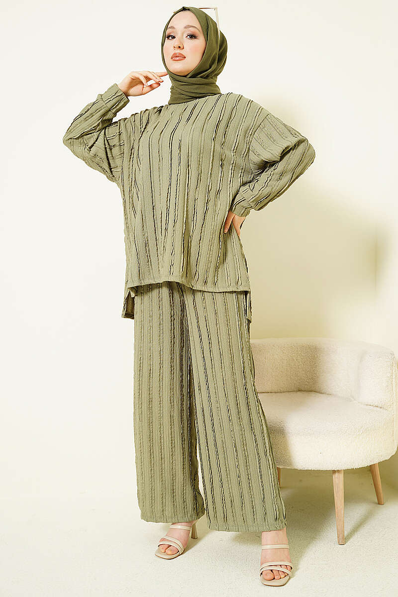 Tunic Two-Piece Set with Ruffle Trim - Almond Green