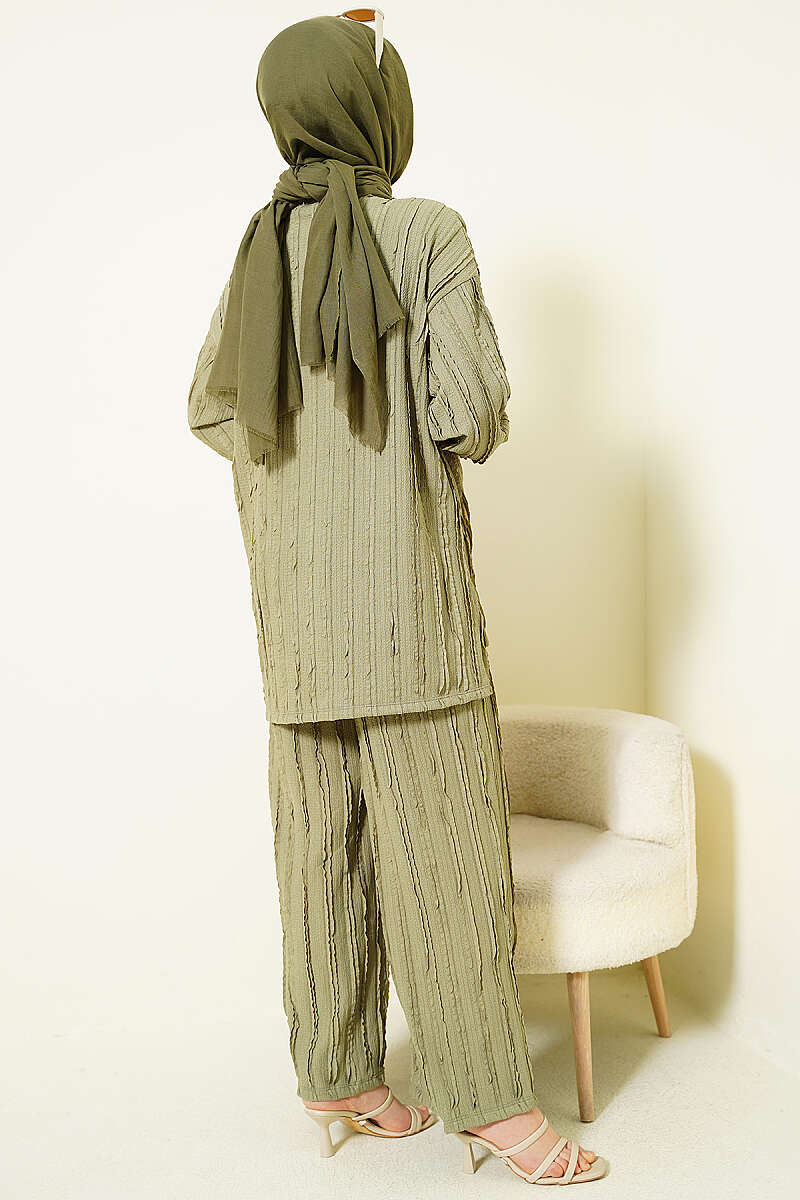 Tunic Two-Piece Set with Ruffle Trim - Almond Green