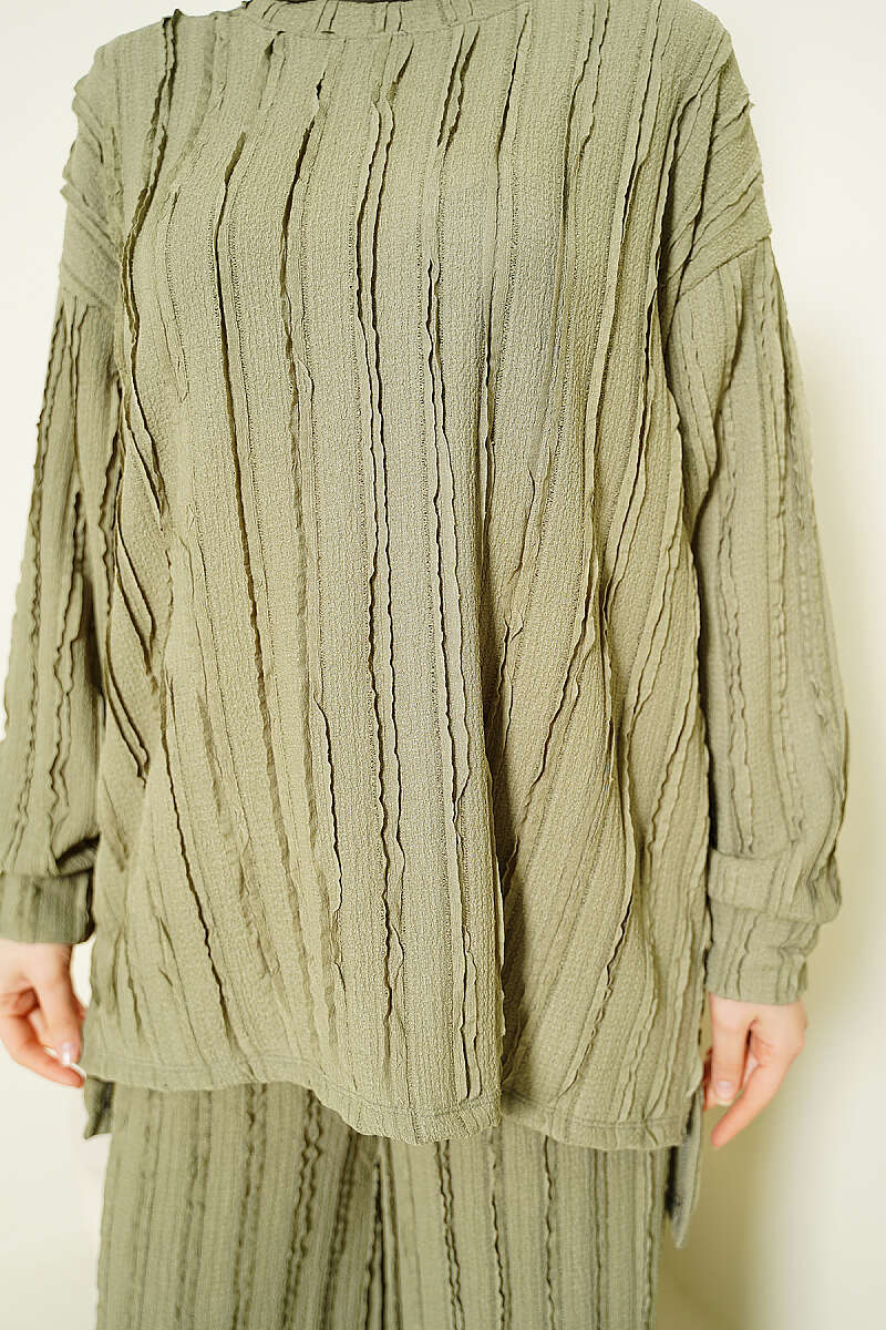 Tunic Two-Piece Set with Ruffle Trim - Almond Green