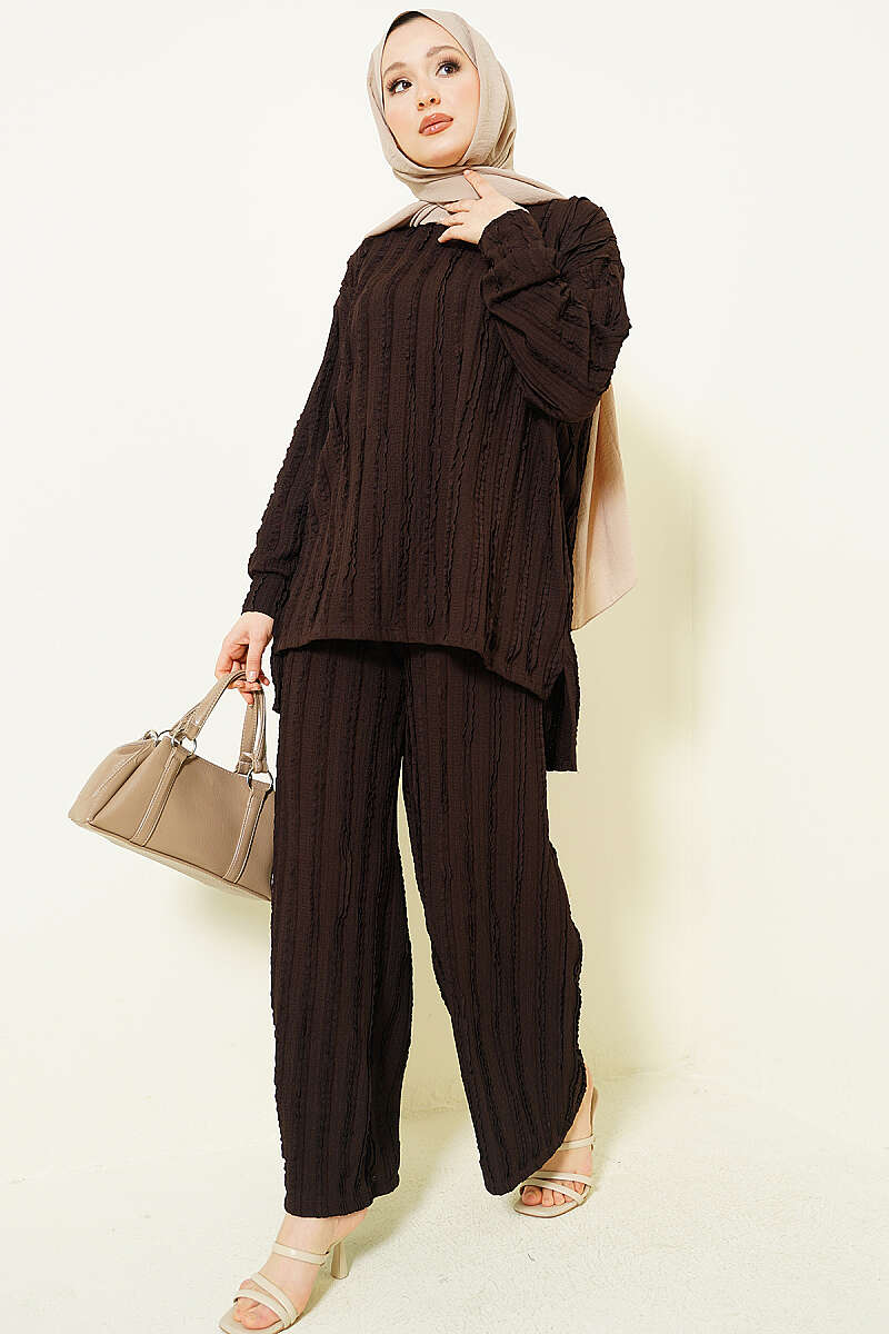Tunic Two-Piece Set with Ruffle Trim - Brown