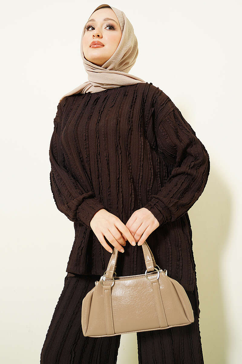 Tunic Two-Piece Set with Ruffle Trim - Brown