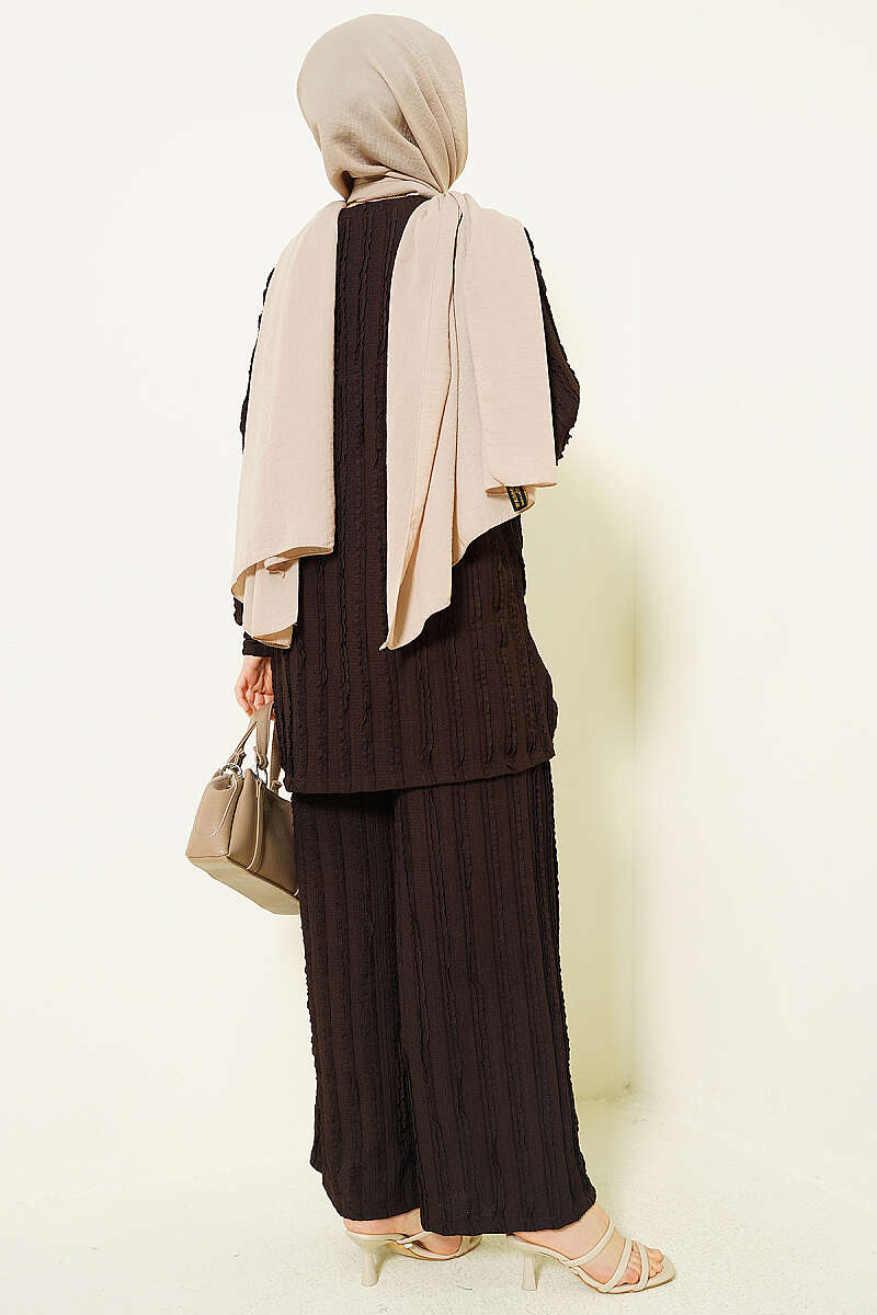 Tunic Two-Piece Set with Ruffle Trim - Brown