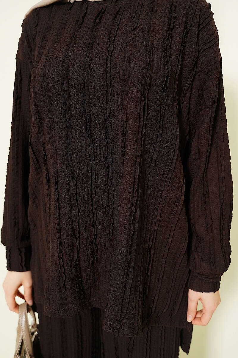 Tunic Two-Piece Set with Ruffle Trim - Brown