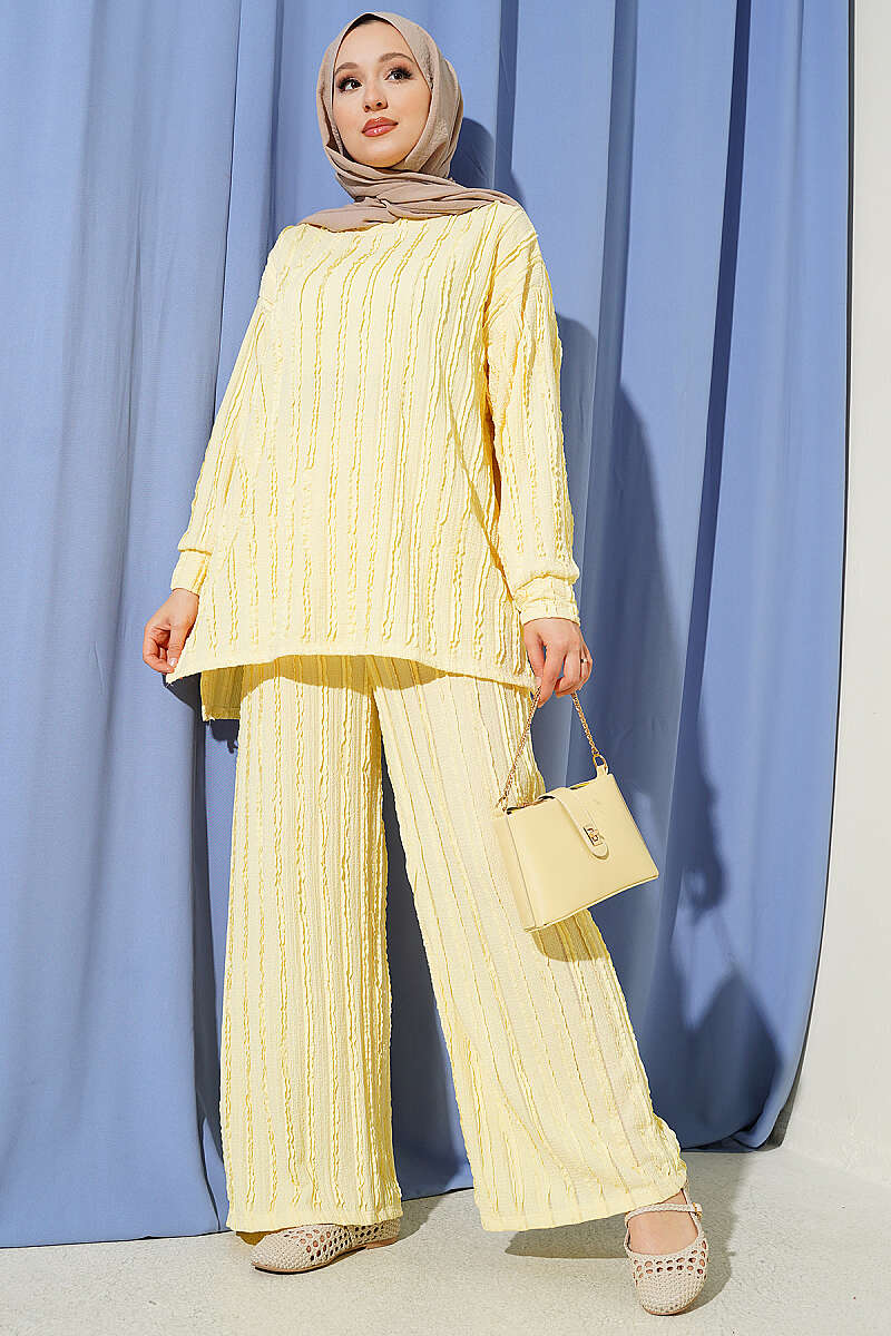 Tunic Two-Piece Set with Ruffle Trim - Yellow