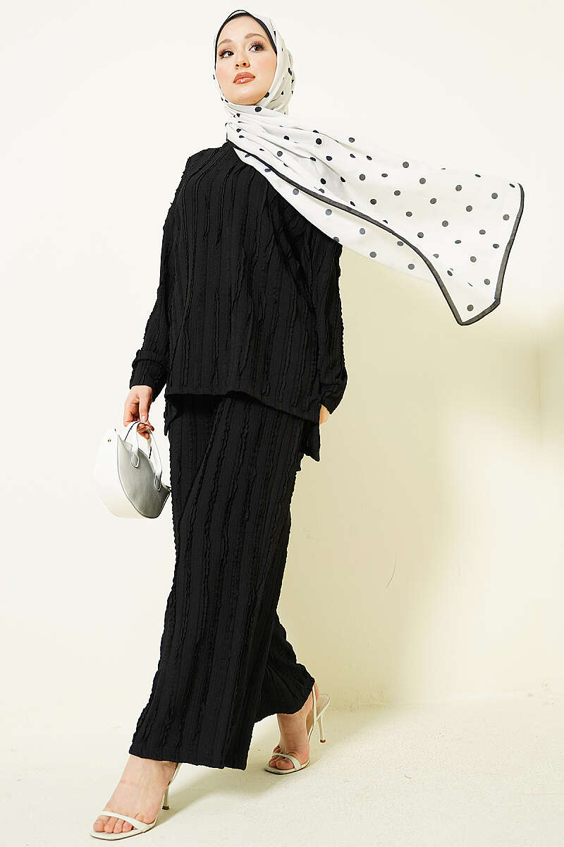 Tunic Two-Piece Set with Ruffle Trim - Black