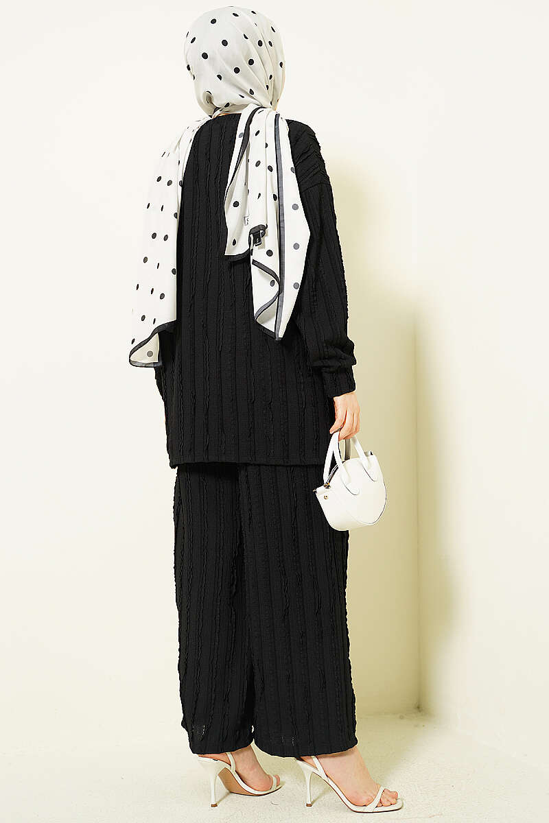 Tunic Two-Piece Set with Ruffle Trim - Black