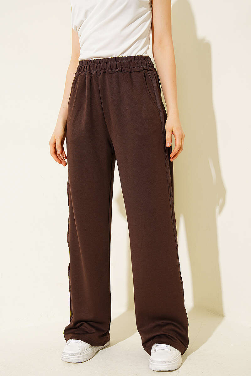 Trousers with Stripe Trim and Elastic Waist - Brown
