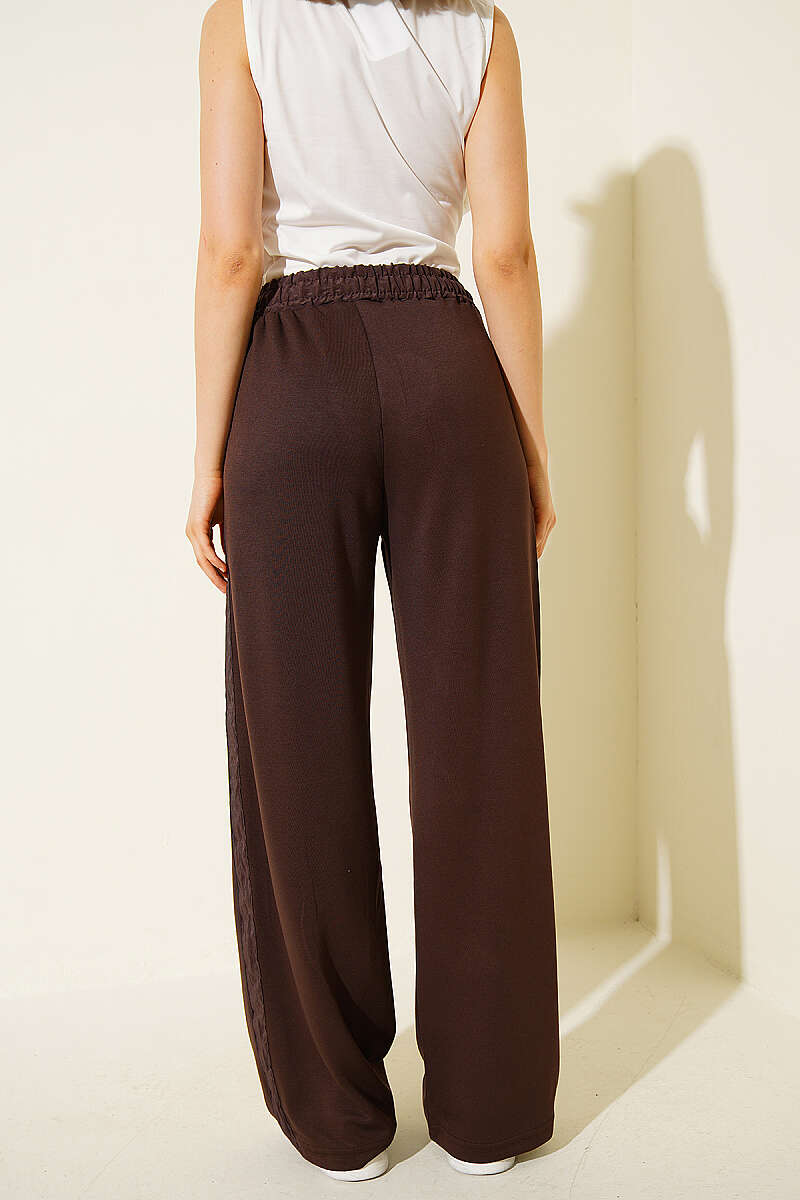Trousers with Stripe Trim and Elastic Waist - Brown