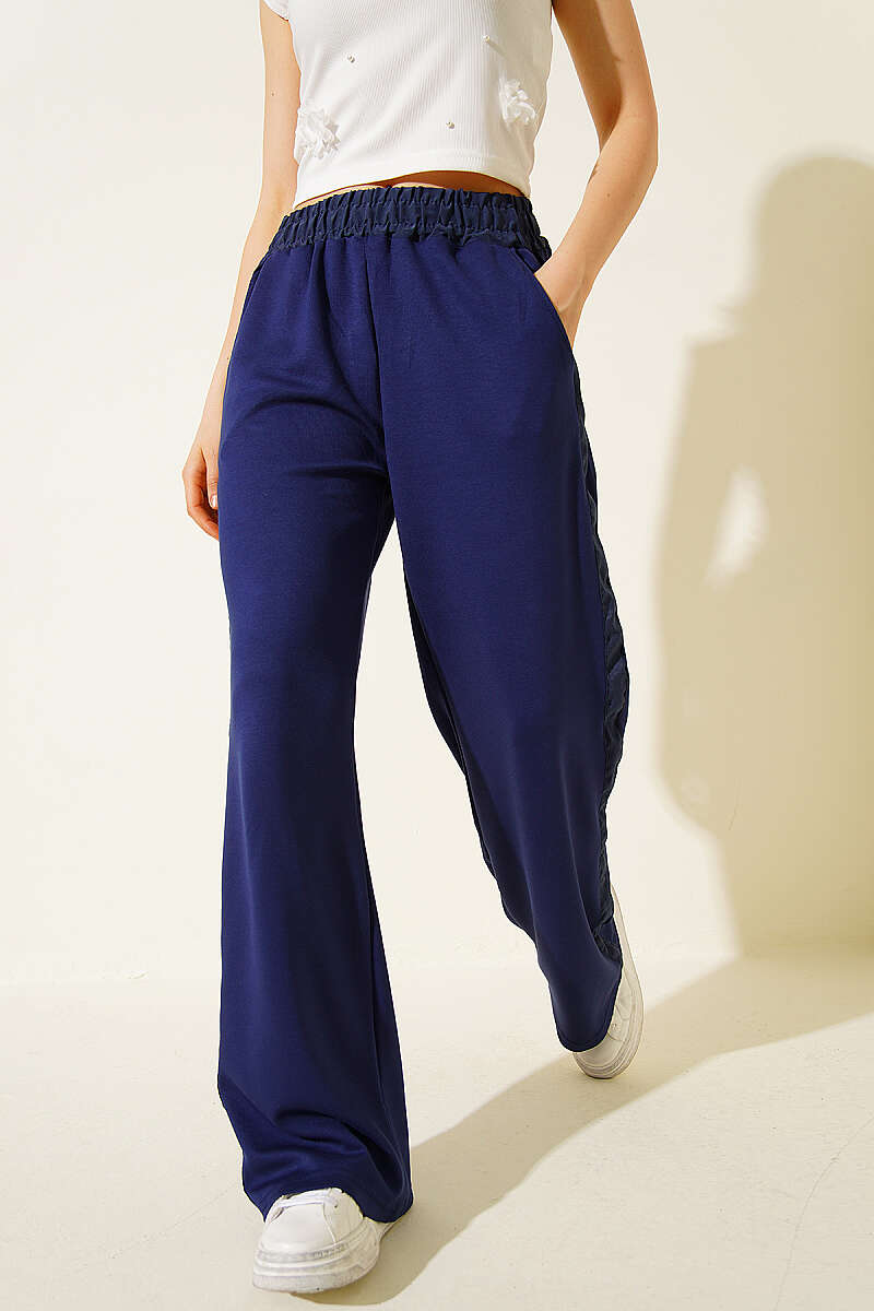 Trousers with Stripe Trim and Elastic Waist - Navy