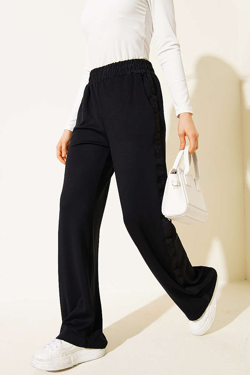 Trousers with Stripe Trim and Elastic Waist - Black