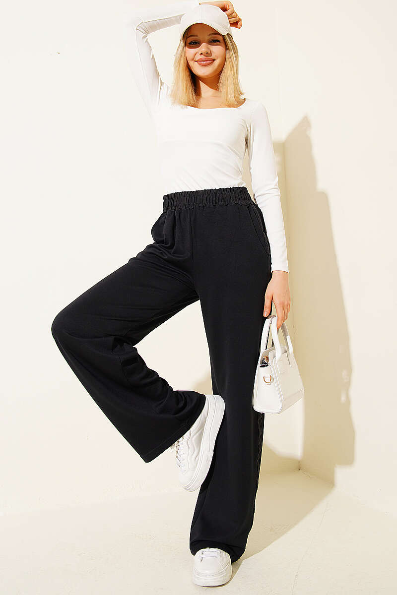 Trousers with Stripe Trim and Elastic Waist - Black