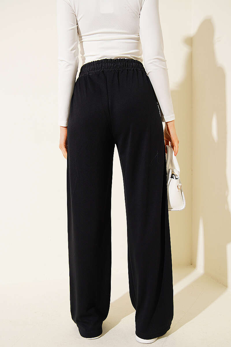 Trousers with Stripe Trim and Elastic Waist - Black