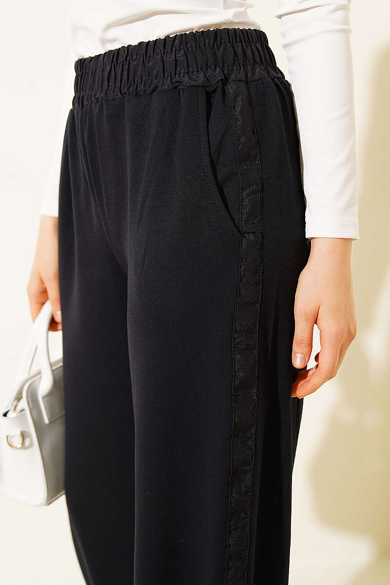 Trousers with Stripe Trim and Elastic Waist - Black