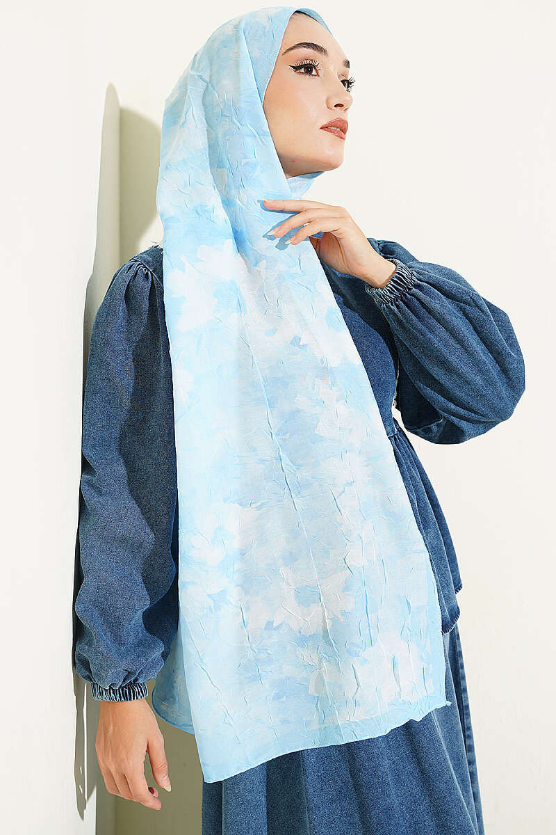 Floral Bamboo Crinkle Shawl with Stripe Band - Ice Blue