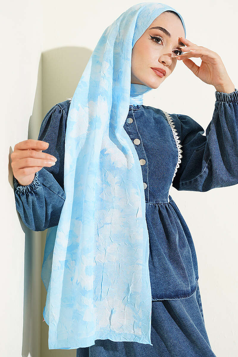 Floral Bamboo Crinkle Shawl with Stripe Band - Ice Blue