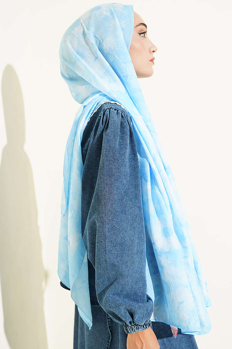 Floral Bamboo Crinkle Shawl with Stripe Band - Ice Blue