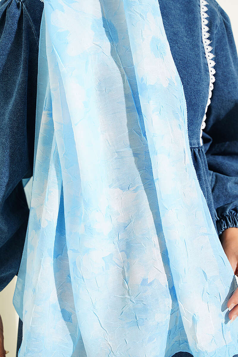 Floral Bamboo Crinkle Shawl with Stripe Band - Ice Blue