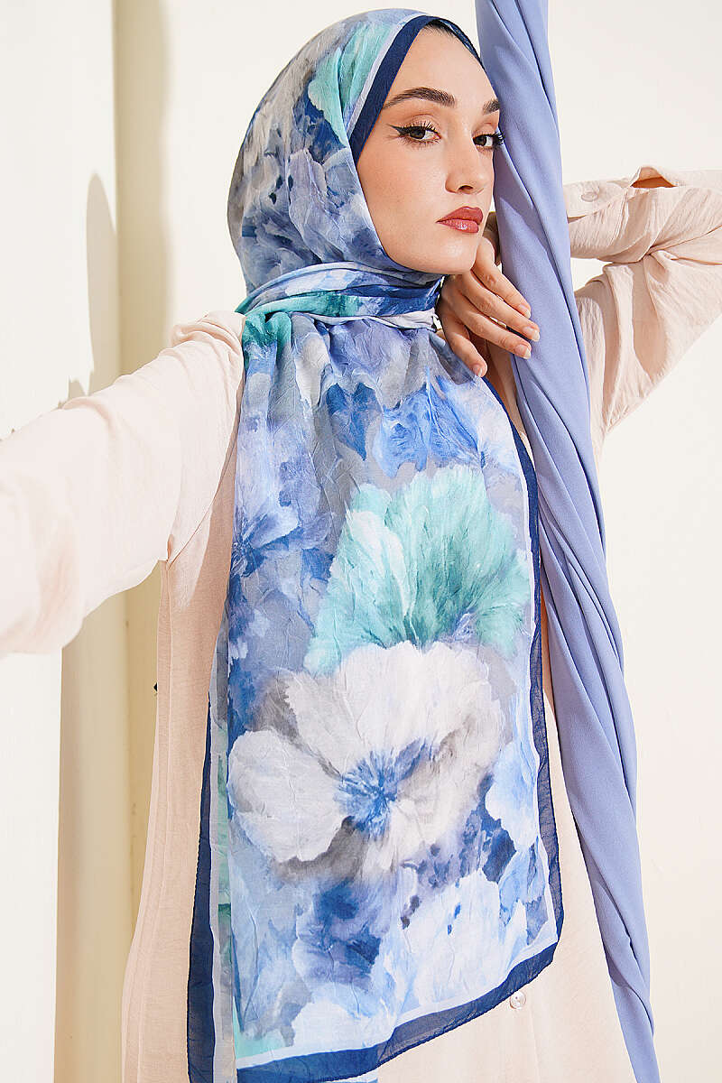 Floral Bamboo Crinkle Shawl with Stripe Band - Navy