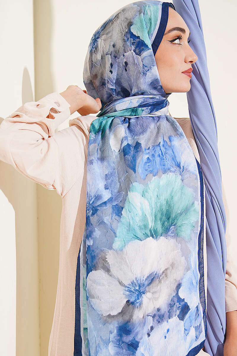 Floral Bamboo Crinkle Shawl with Stripe Band - Navy