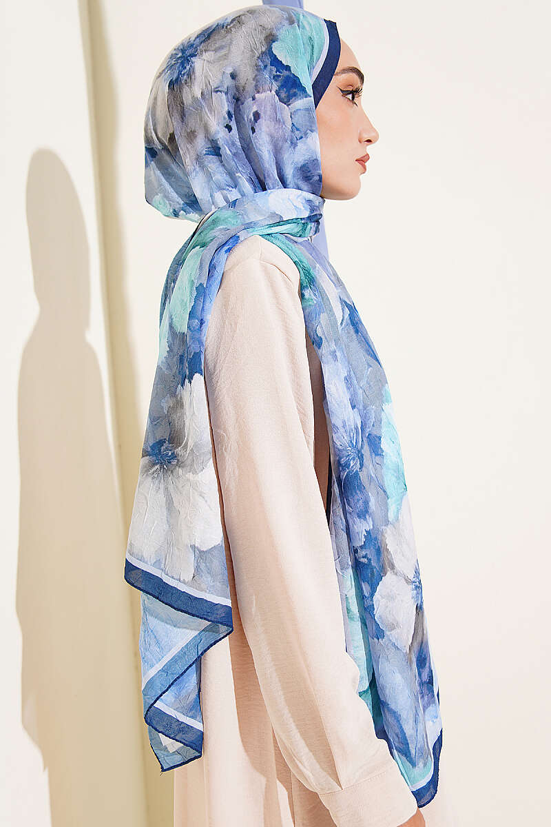 Floral Bamboo Crinkle Shawl with Stripe Band - Navy