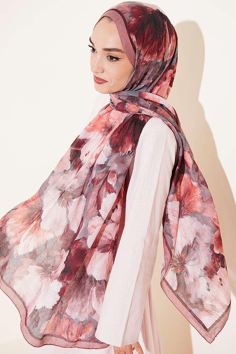 Floral Bamboo Crinkle Shawl with Stripe Band - Latte