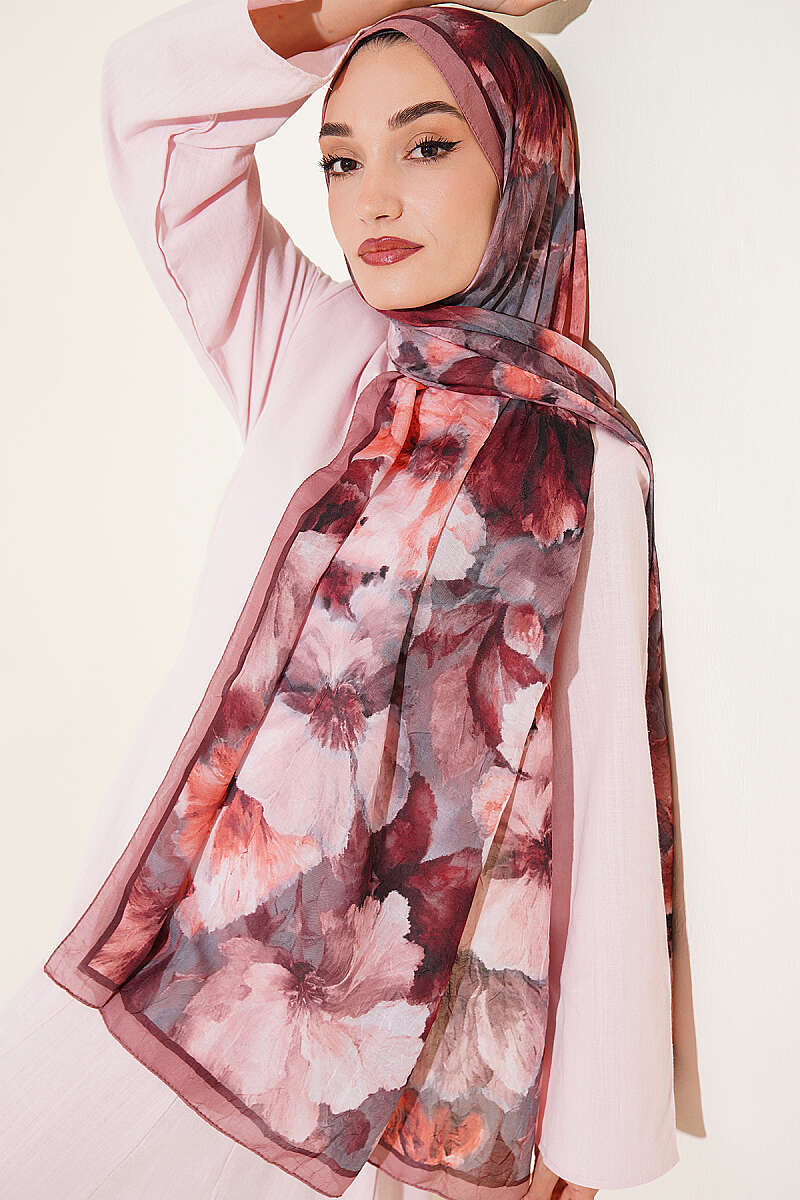 Floral Bamboo Crinkle Shawl with Stripe Band - Latte