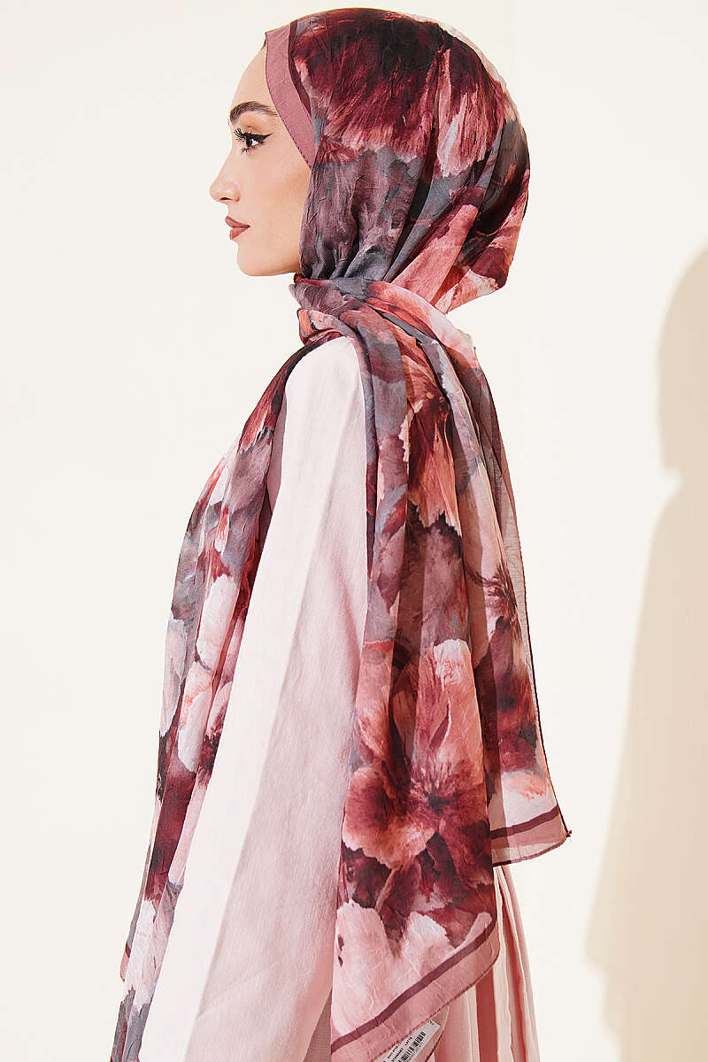 Floral Bamboo Crinkle Shawl with Stripe Band - Latte