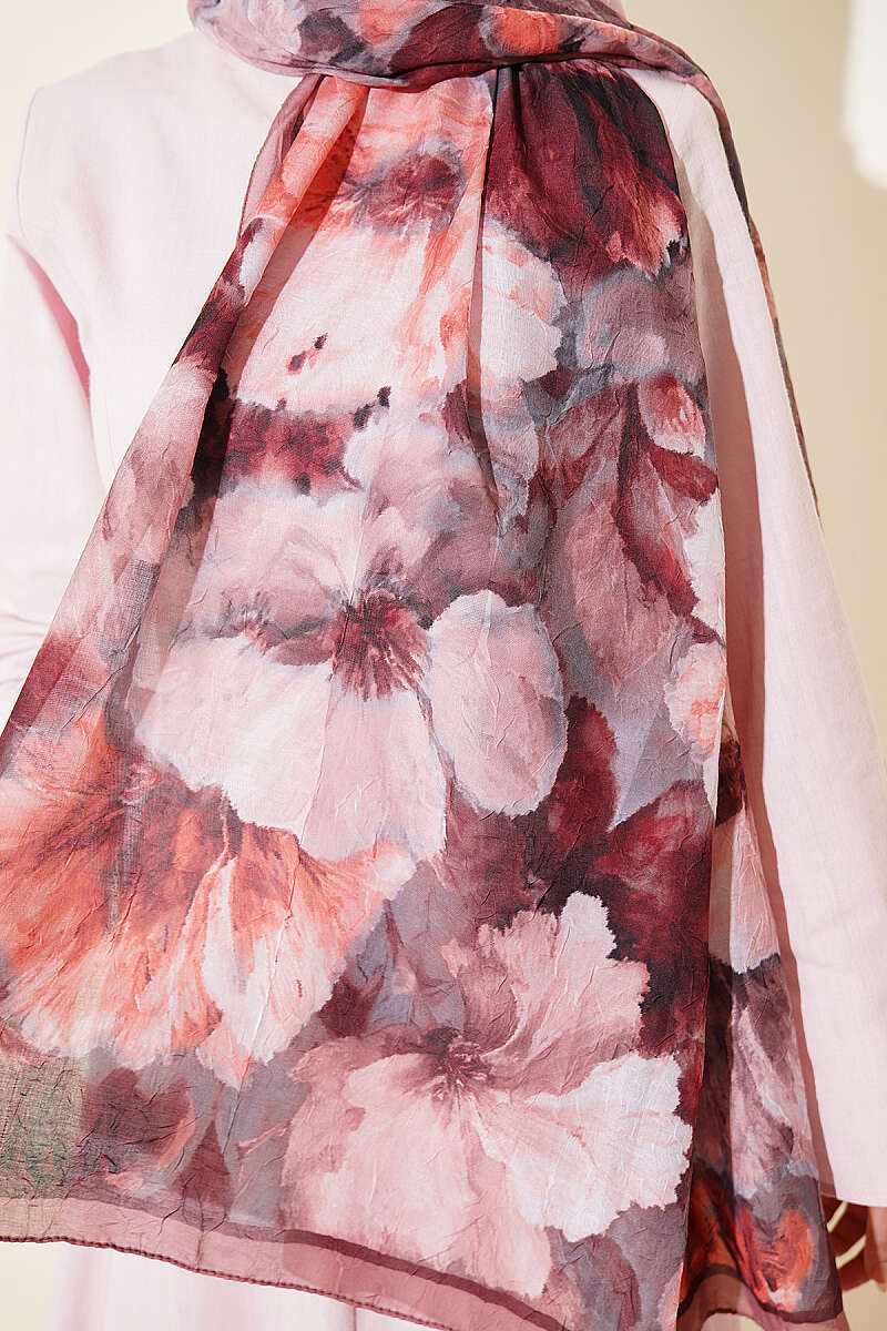 Floral Bamboo Crinkle Shawl with Stripe Band - Latte