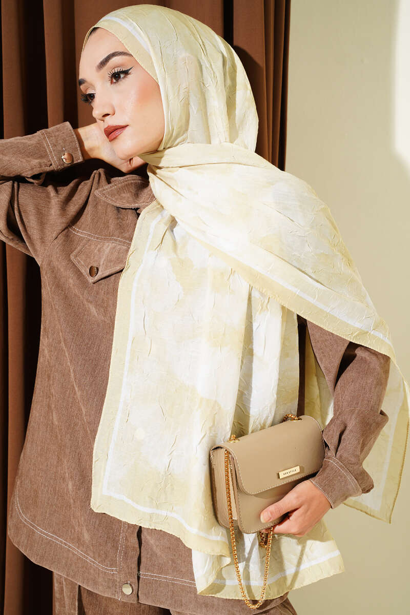 Floral Bamboo Crinkle Shawl with Stripe Band - Lime