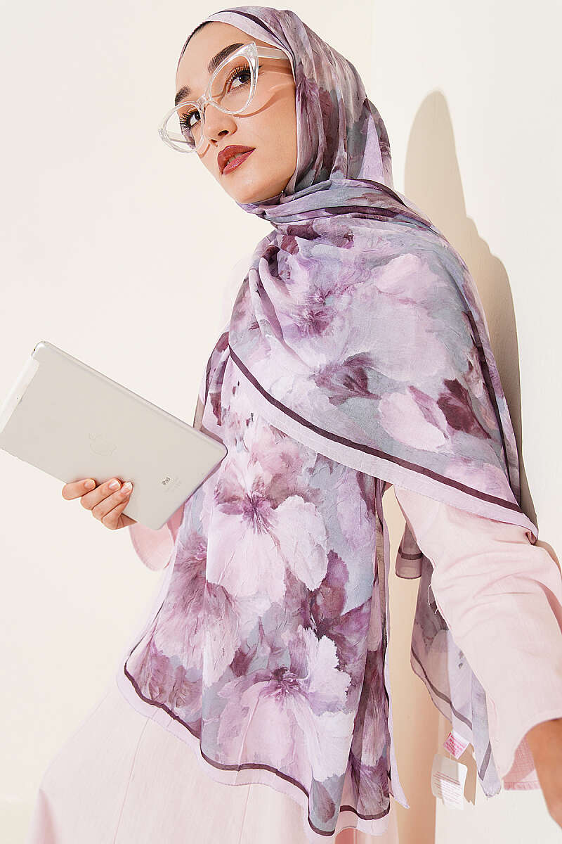 Floral Bamboo Crinkle Shawl with Stripe Band - Lilac