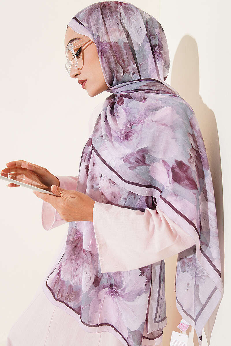 Floral Bamboo Crinkle Shawl with Stripe Band - Lilac